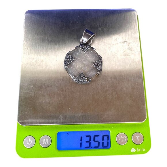 Vintage 925 Sterling Silver Druzy Quarts Round Pendant Art Deco Ornate Design - Picture 5 of 5